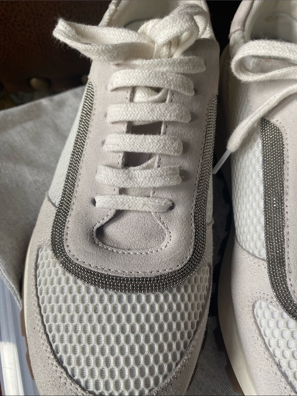 $1295 Brunello Cucinelli white/light gray mesh and suede sneakers w/monili 37.5 - Picture 4 of 12